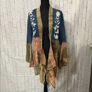 NWT Young Threads Patchwork Multicolor Open Front Sweater. Size medium.